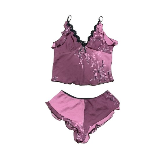 VTG Victorias Secret M Floral Cami Babydoll Top Bottom Set Purple Y2K lace trim - Picture 4 of 8
